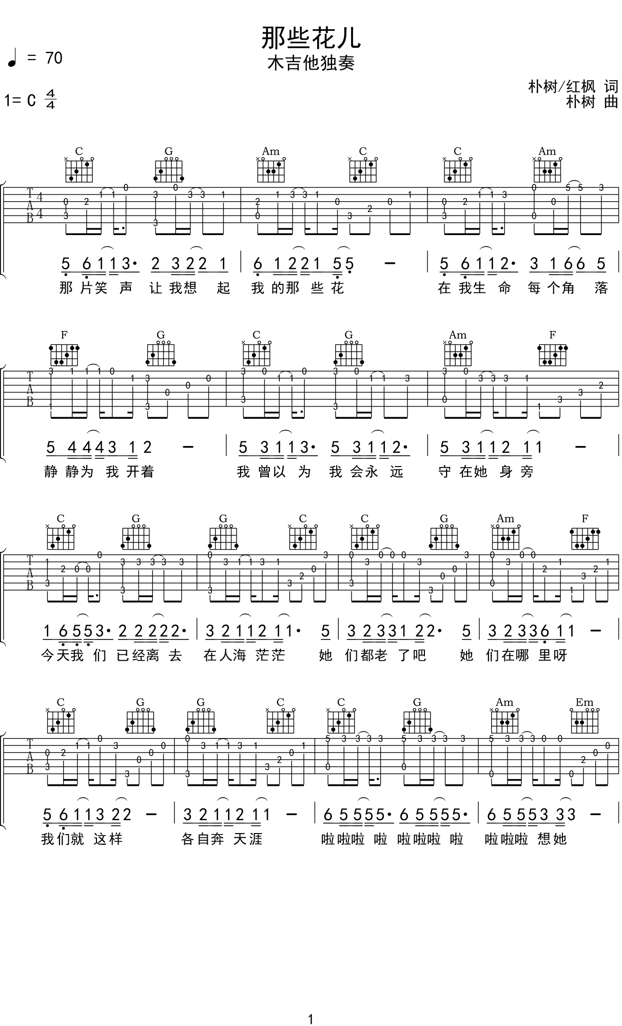 朴树《那些花儿》吉他谱C调吉他指弹独奏谱