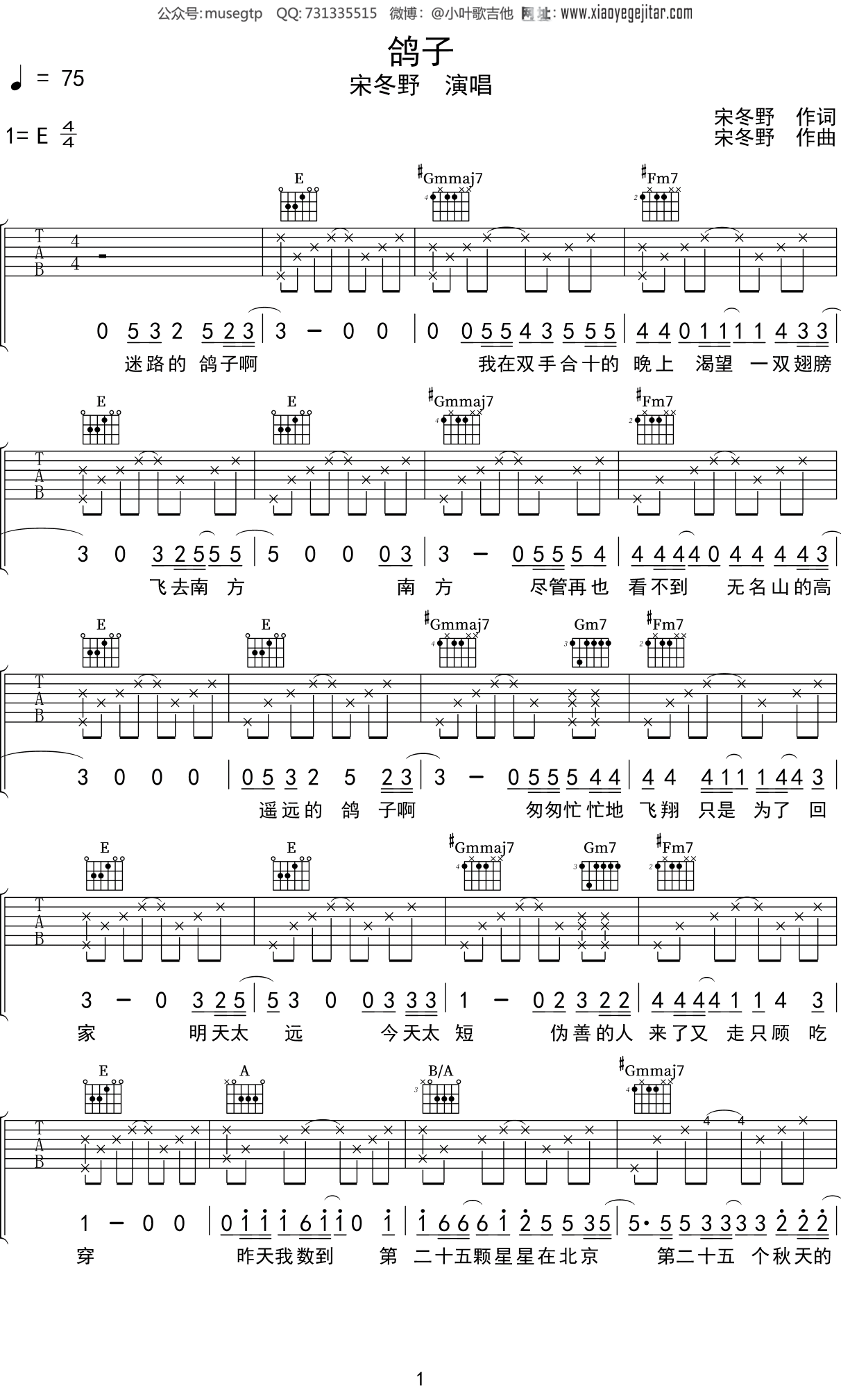 宋冬野《鸽子》吉他谱E调吉他弹唱谱